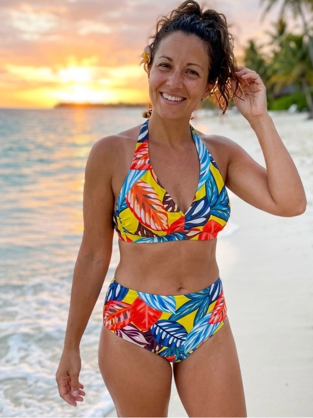 Colorful Leaf Print Kids Swim Set
